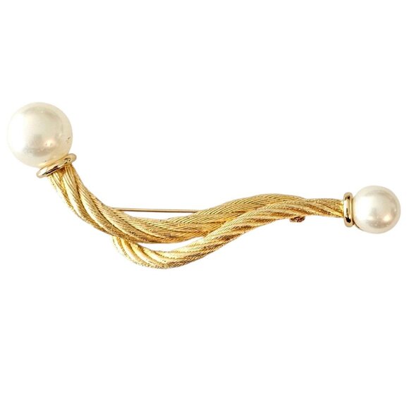 Christian Dior Faux Pearl Rope Brooch, Gold Tone Ribbon Pin, Signed - Picture 1 of 8